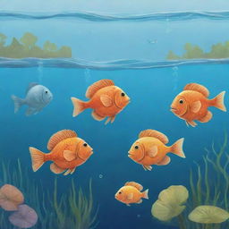 An engaging, simple to draw underwater cartoon scene for a children's book, where Freddie the fish imparts to Finn and Fiona the importance of nature preservation and maintaining the lake's cleanliness, inspiring them to become responsible marine stewards.