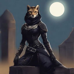 A Tabaxi female cheetah rogue wearing dark black studded leather strapped armor with a hood, perched atop a wall