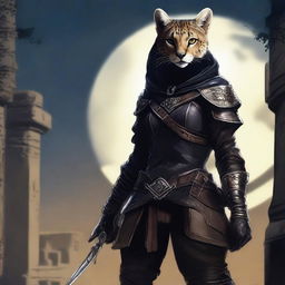 A Tabaxi female cheetah rogue wearing dark black studded leather strapped armor with a hood, perched atop a wall