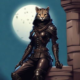 A Tabaxi female cheetah rogue wearing dark black studded leather strapped armor with a hood, perched atop a wall