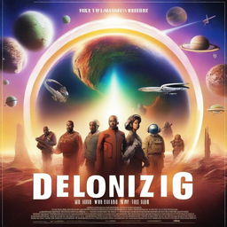 A movie poster depicting a futuristic world where humanity has successfully decolonized space and planets