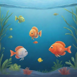 An engaging, simple to draw underwater cartoon scene for a children's book, where Freddie the fish imparts to Finn and Fiona the importance of nature preservation and maintaining the lake's cleanliness, inspiring them to become responsible marine stewards.