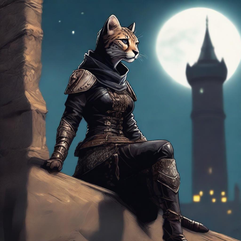 A Tabaxi female cheetah rogue wearing dark black studded leather strapped armor with a hood, perched atop a wall