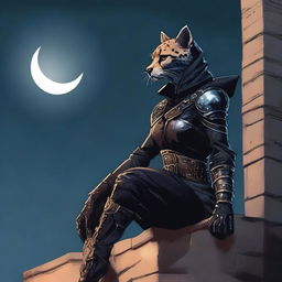 A Tabaxi female cheetah rogue wearing dark black studded leather strapped armor with a hood, perched atop a wall