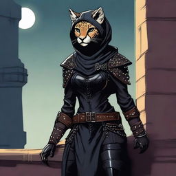 A Tabaxi female cheetah rogue wearing dark black studded leather strapped armor with a hood, perched atop a wall