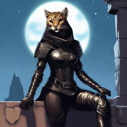 A Tabaxi female cheetah rogue wearing dark black studded leather strapped armor with a hood, perched atop a wall