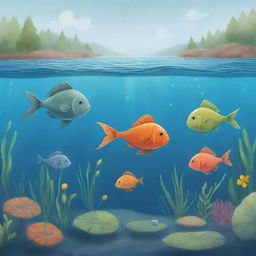 An engaging, simple to draw underwater cartoon scene for a children's book, where Freddie the fish imparts to Finn and Fiona the importance of nature preservation and maintaining the lake's cleanliness, inspiring them to become responsible marine stewards.