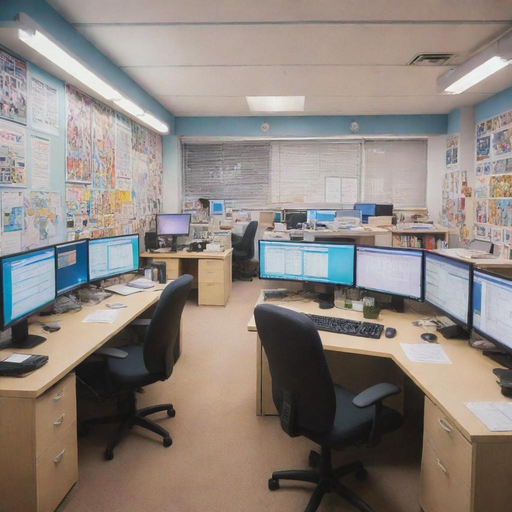 A brightly lit anime-style office with detailed furniture, colorful posters on the walls, and characters working on computers