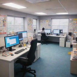 A brightly lit anime-style office with detailed furniture, colorful posters on the walls, and characters working on computers