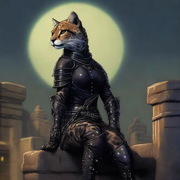 A Tabaxi female cheetah rogue wearing dark black studded leather strapped armor, perched atop a wall