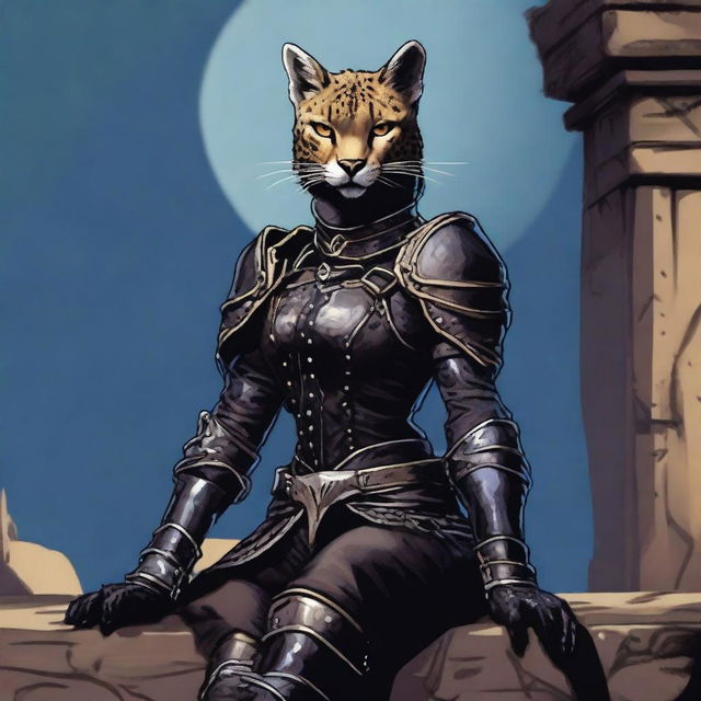 A Tabaxi female cheetah rogue wearing dark black studded leather strapped armor, perched atop a wall