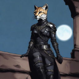 A Tabaxi female cheetah rogue wearing dark black studded leather strapped armor, perched atop a wall