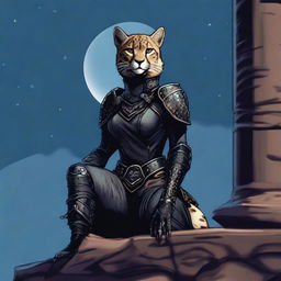 A Tabaxi female cheetah rogue wearing dark black studded leather strapped armor, perched atop a wall