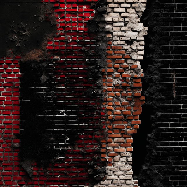 An abstract, dark depiction of a vintage, partial brick wall that is crumbling, broken, cracked, and features visible holes