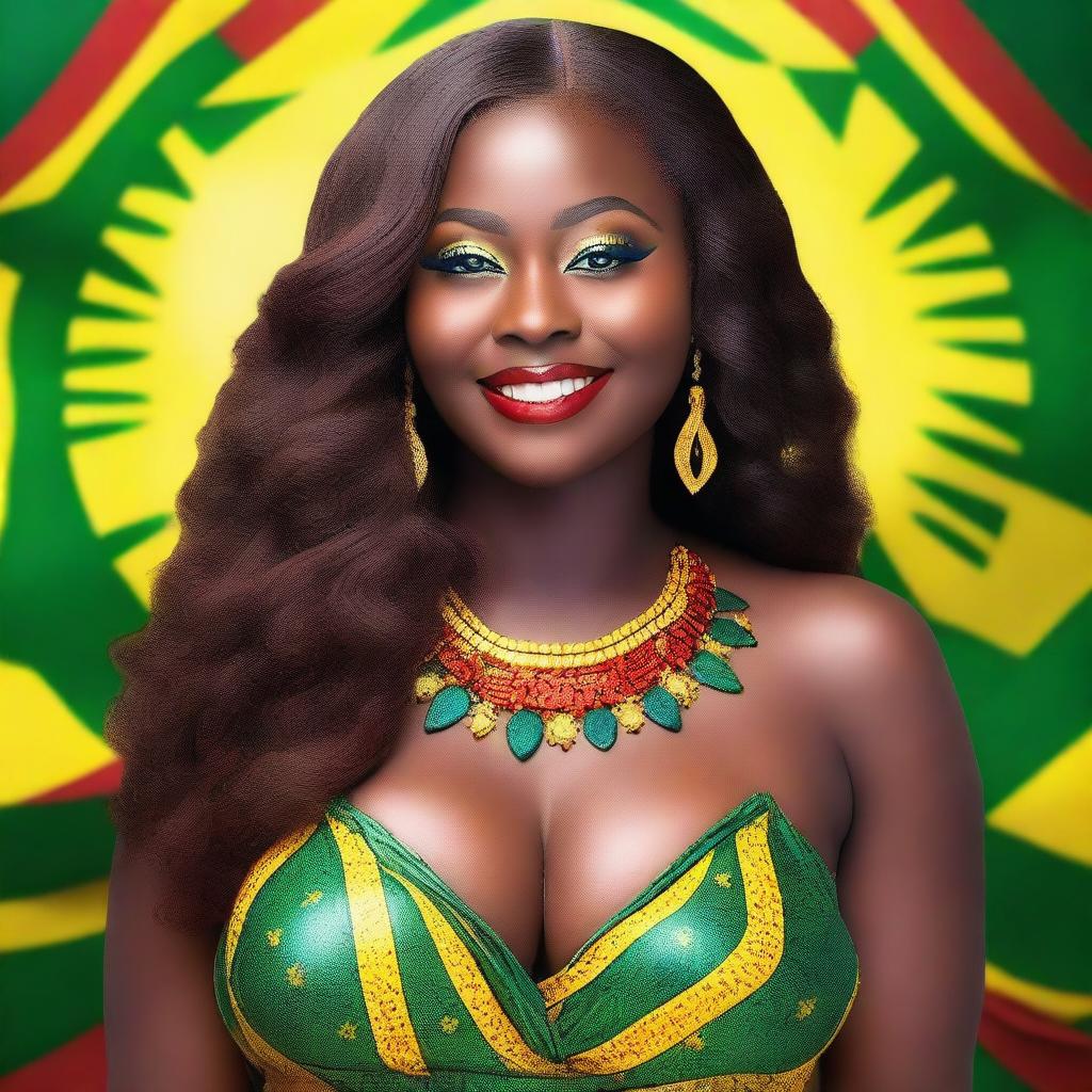 A high quality image of a beautiful Ghanaian woman with long hair, blue eyes, and thick skin