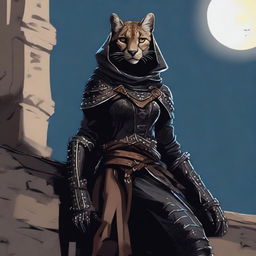 A Tabaxi female cheetah rogue wearing dark black studded leather strapped armor with a hood, perched atop a wall