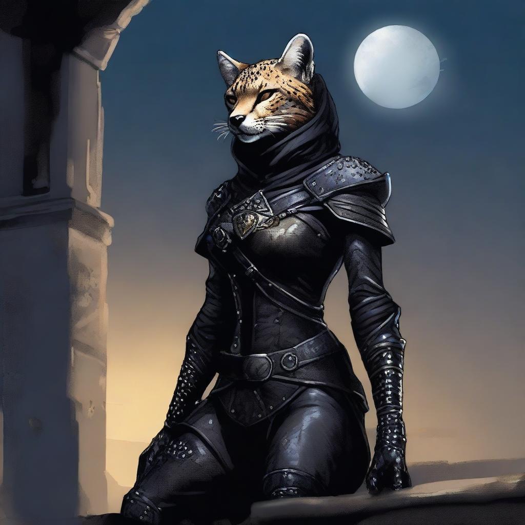 A Tabaxi female cheetah rogue wearing dark black studded leather strapped armor with a hood, perched atop a wall