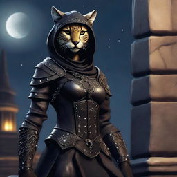 A Tabaxi female cheetah rogue wearing dark black studded leather strapped armor with a hood, perched atop a wall