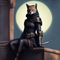 A Tabaxi female cheetah rogue wearing dark black studded leather strapped armor with a hood, perched atop a wall