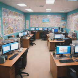 A brightly lit anime-style office with detailed furniture, colorful posters on the walls, and characters working on computers