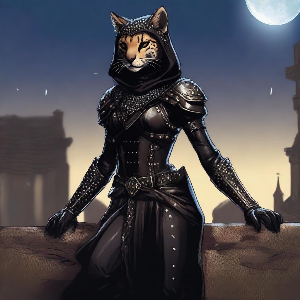 A Tabaxi female cheetah rogue wearing dark black studded leather strapped armor with a hood, perched atop a wall