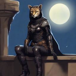 A Tabaxi female cheetah rogue wearing dark black studded leather strapped armor with a hood, perched atop a wall