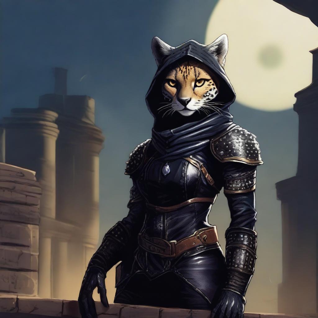 A Tabaxi female cheetah rogue wearing dark black studded leather strapped armor with a hood, perched atop a wall