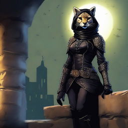 A Tabaxi female cheetah rogue wearing dark black studded leather strapped armor with a hood, perched atop a wall