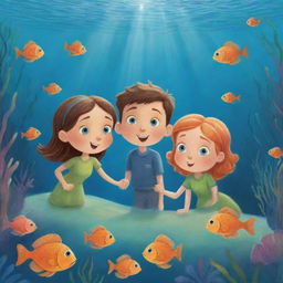 An enchanting, easy-to-illustrate underwater cartoon scene for a children's book showing Finn and Fiona, with wide-eyed curiosity, absorbing wisdom from Freddie the fish.