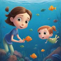 An enchanting, easy-to-illustrate underwater cartoon scene for a children's book showing Finn and Fiona, with wide-eyed curiosity, absorbing wisdom from Freddie the fish.