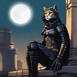 A Tabaxi female cheetah rogue wearing dark black studded leather strapped armor with a hood, perched atop a wall