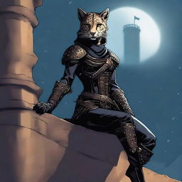 A Tabaxi female cheetah rogue wearing dark black studded leather strapped armor with a hood, perched atop a wall