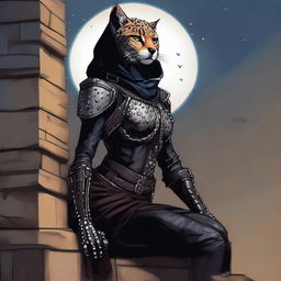 A Tabaxi female cheetah rogue wearing dark black studded leather strapped armor with a hood, perched atop a wall