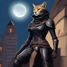 A Tabaxi female cheetah rogue wearing dark black studded leather strapped armor with a hood, perched atop a wall