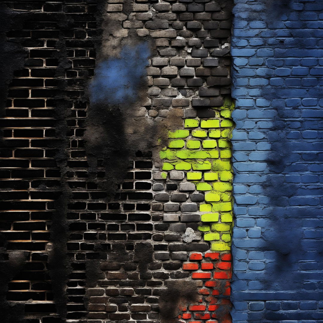 An abstract, dark depiction of a vintage, partial brick wall that is crumbling, broken, cracked, and features visible holes