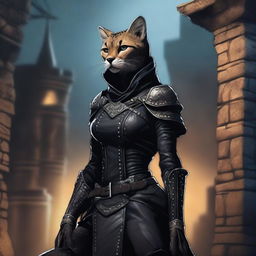 A Tabaxi female cheetah rogue wearing dark black studded leather strapped armor with a hood, perched atop a wall