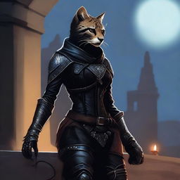 A Tabaxi female cheetah rogue wearing dark black studded leather strapped armor with a hood, perched atop a wall