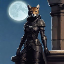 A Tabaxi female cheetah rogue wearing dark black studded leather strapped armor with a hood, perched atop a wall