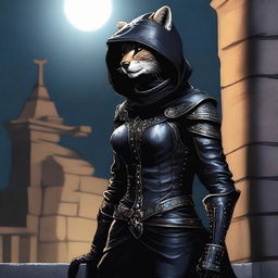 A Tabaxi female cheetah rogue wearing dark black studded leather strapped armor with a hood, perched atop a wall