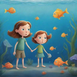 An enchanting, easy-to-illustrate underwater cartoon scene for a children's book showing Finn and Fiona, with wide-eyed curiosity, absorbing wisdom from Freddie the fish.