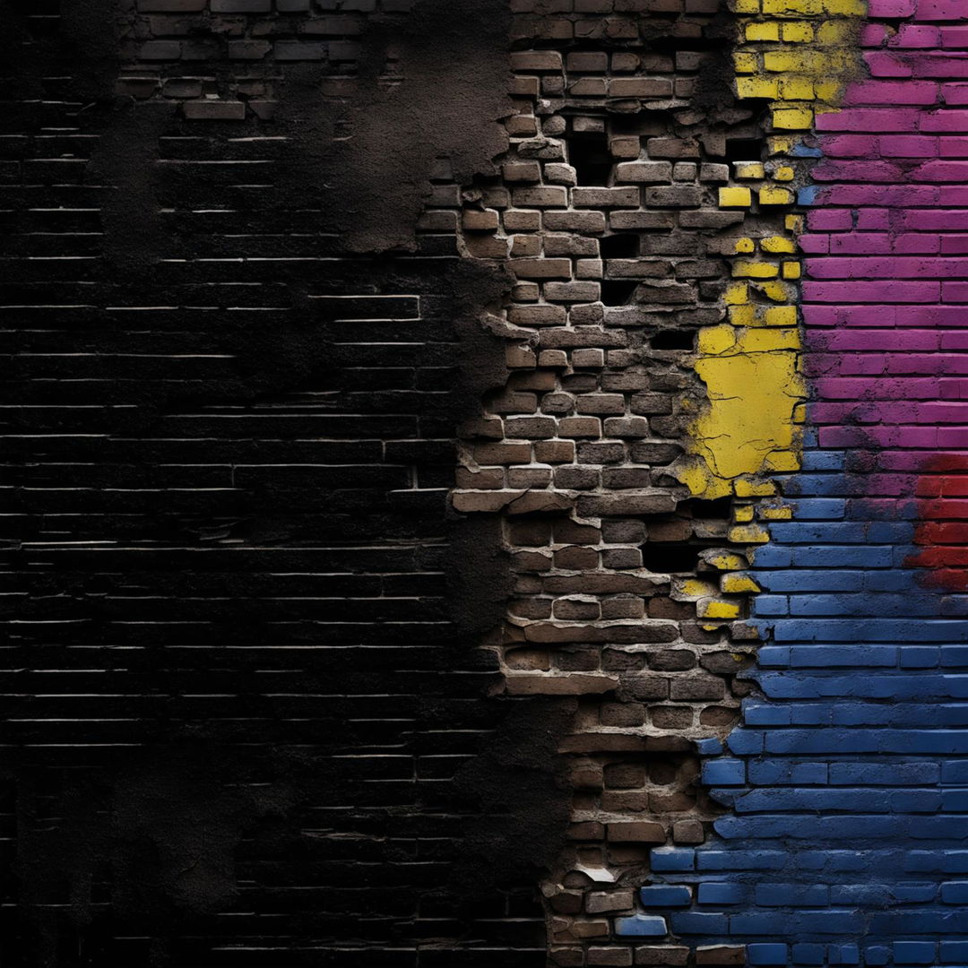 An abstract, dark depiction of a vintage, partial brick wall that is crumbling, broken, cracked, and features visible holes