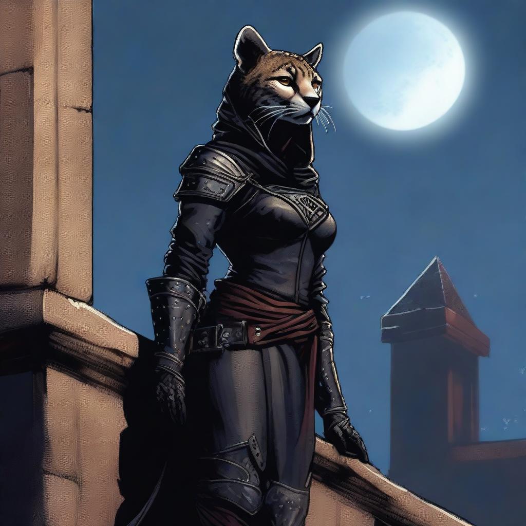 A Tabaxi female cheetah rogue wearing dark black studded leather strapped armor with a hood, perched atop a wall