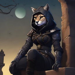 A Tabaxi female cheetah rogue wearing dark black studded leather strapped armor with a hood, perched atop a wall