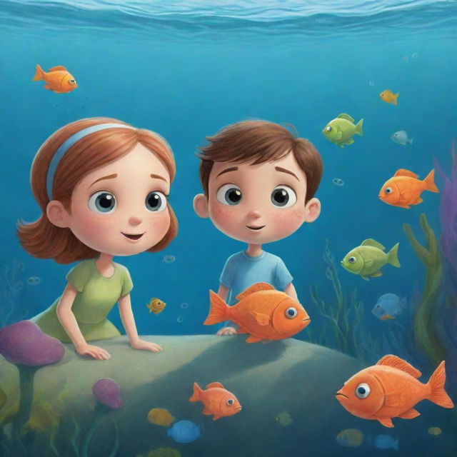 An enchanting, easy-to-illustrate underwater cartoon scene for a children's book showing Finn and Fiona, with wide-eyed curiosity, absorbing wisdom from Freddie the fish.