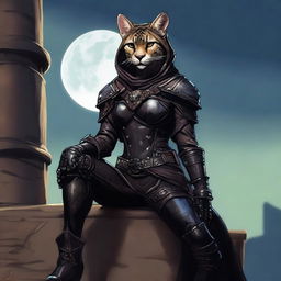 A Tabaxi female cheetah rogue wearing dark black studded leather strapped armor with a hood, perched atop a wall