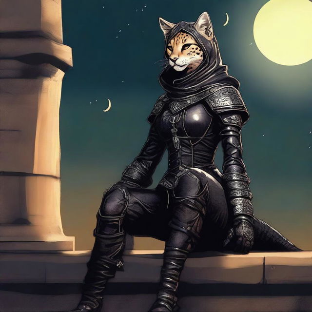 A Tabaxi female cheetah rogue wearing dark black studded leather strapped armor with a hood, perched atop a wall