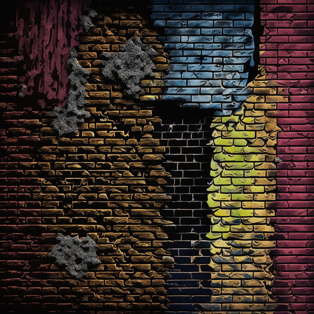 An abstract, dark depiction of a vintage partial brick wall that is crumbling, broken, cracked, and features visible holes