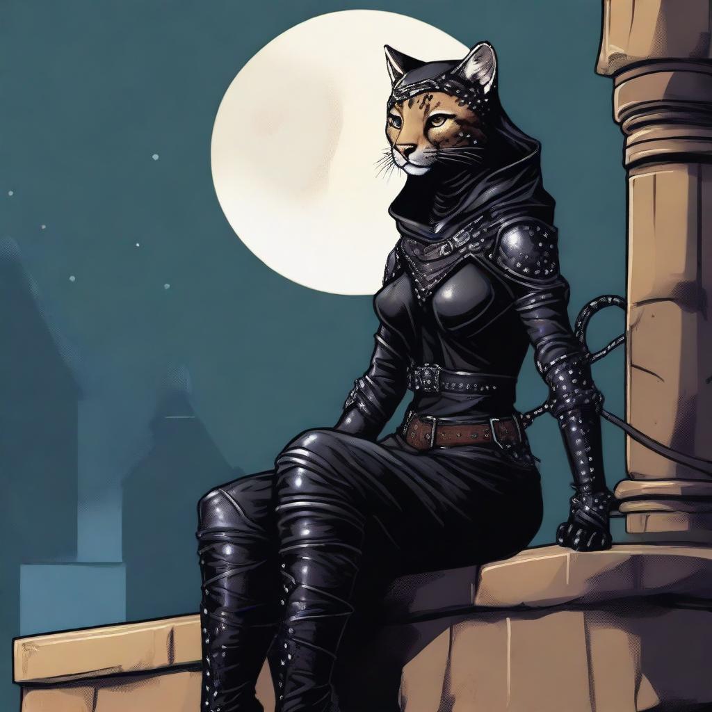 A Tabaxi female cheetah rogue wearing dark black studded leather strapped armor with a hood, perched atop a wall