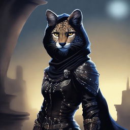 A Tabaxi female cheetah rogue wearing dark black studded leather strapped armor with a hood, perched atop a wall