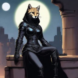 A Tabaxi female cheetah rogue wearing dark black studded leather strapped armor with a hood, perched atop a wall